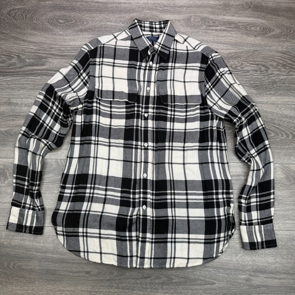 Polo Ralph Lauren Flannel Shirt Mens Medium Black Plaid Performance Pocket Pony